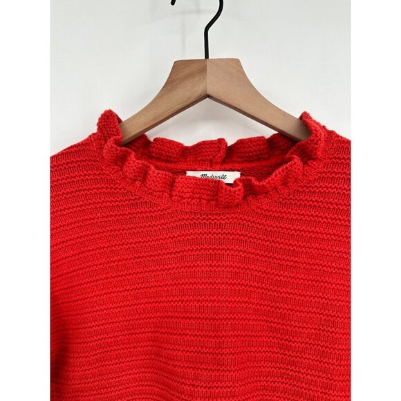 Madewell Sweater Women XS Red Cotton Wool Ruffle-Neck Ribbed AG587 - Picture 3 of 8